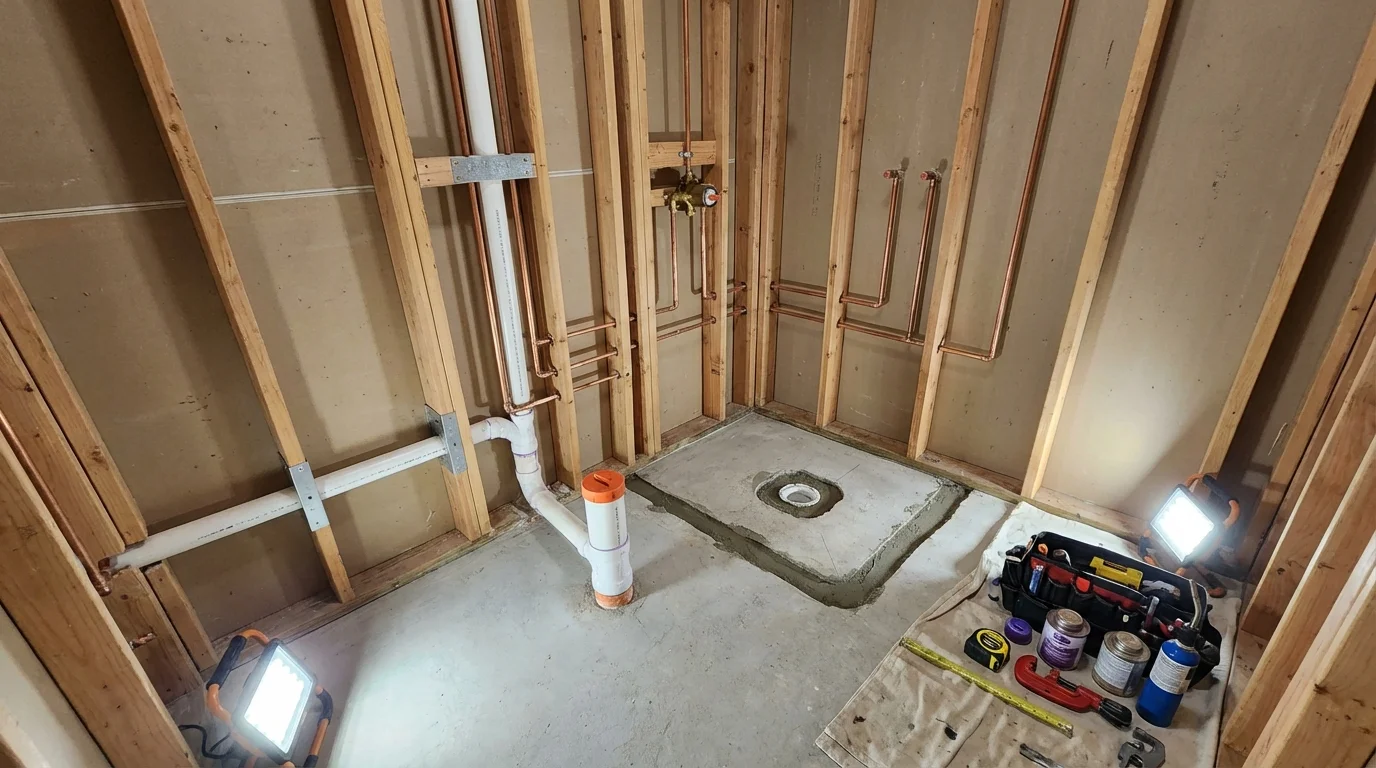 Bathroom rough-in plumbing during remodel by Johns Plumbing LLC in Akutan