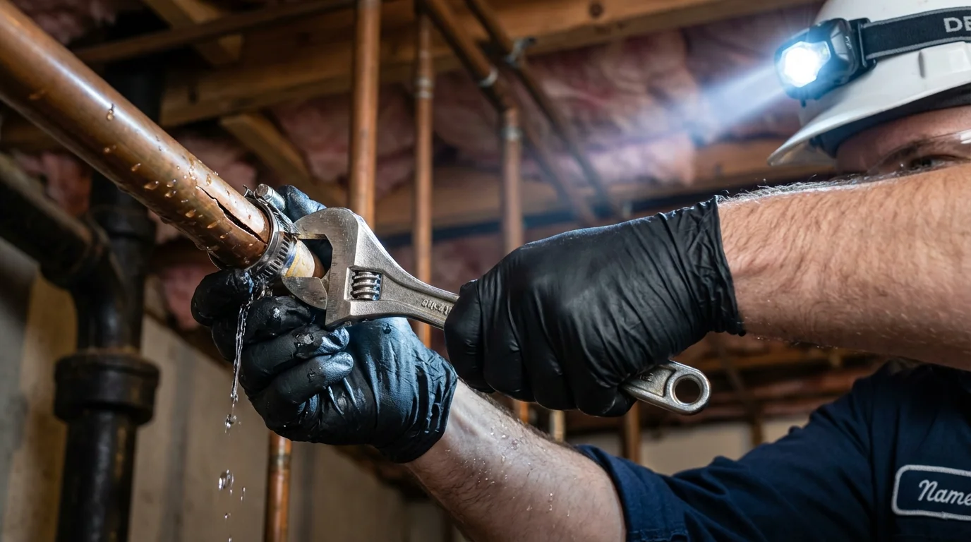 Emergency pipe clamp repair being performed by a Johns Plumbing LLC plumber in Akutan